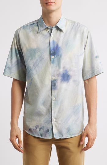 Nn07 Freddy 5654 Watercolor Print Organic Cotton Blend Button-up Shirt In Blue