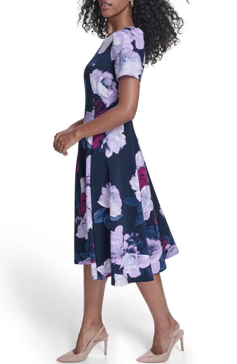 Calvin Klein Floral Fit & Flare Midi Dress, Alternate, color, Indigo/ Regal Multi