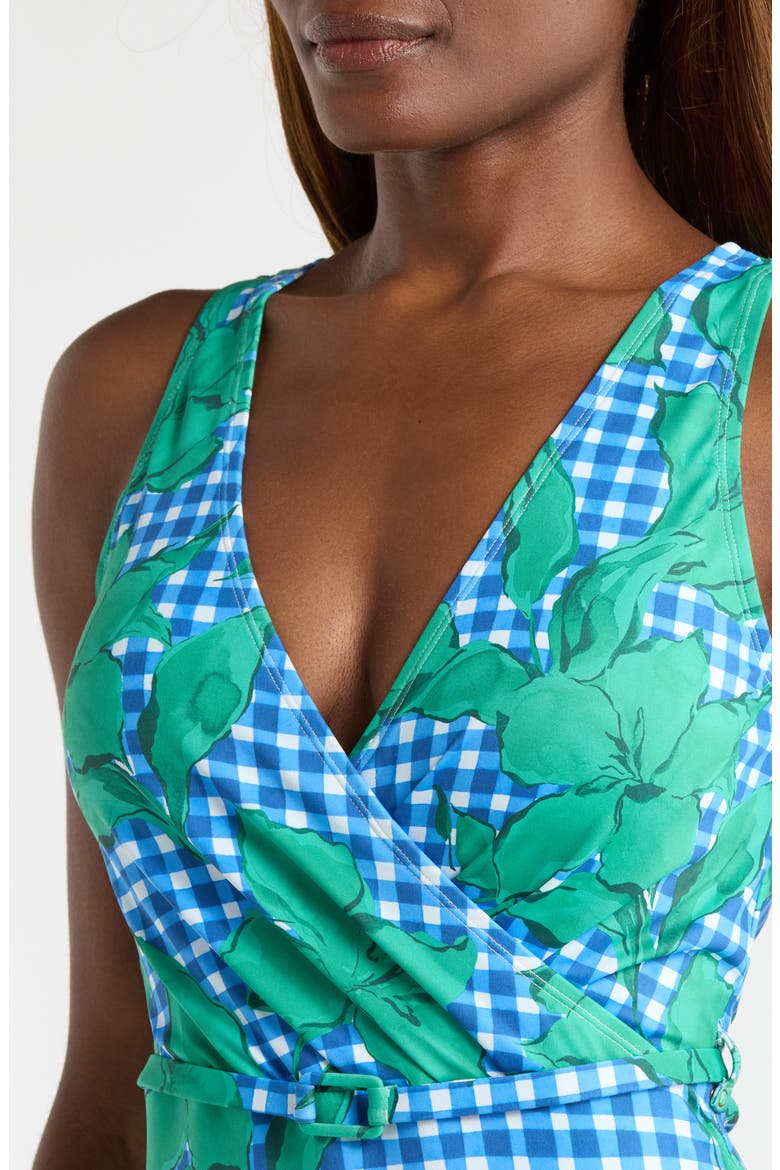 Belted One-Piece Swimsuit, Alternate, color, COBALT/TEAL FLORAL