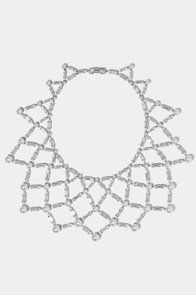 Ingrid CZ And Pearl XL Netting Necklace, Main, color, Rhodium