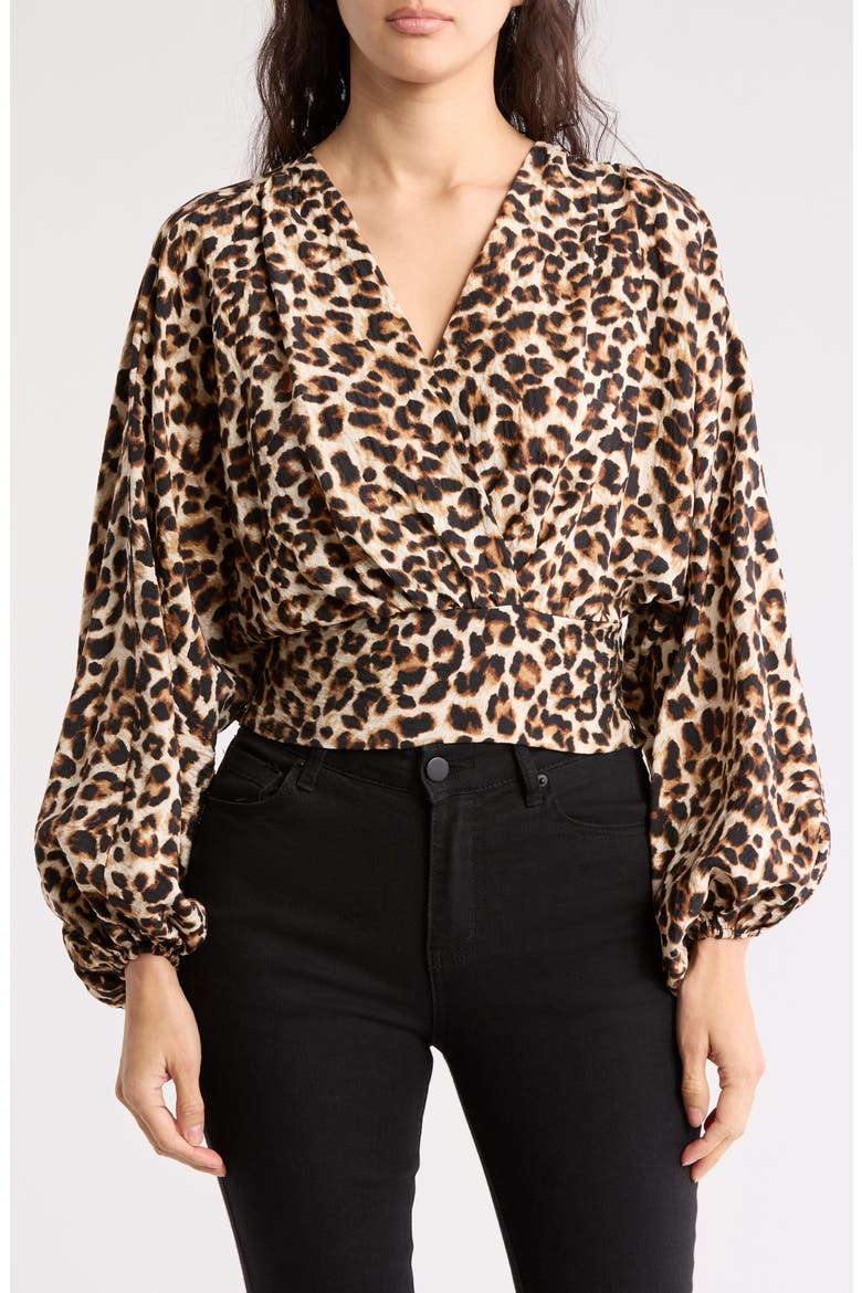 Leopard Smock Surplice Long Sleeve Top, Main, color, CHOCOLATE