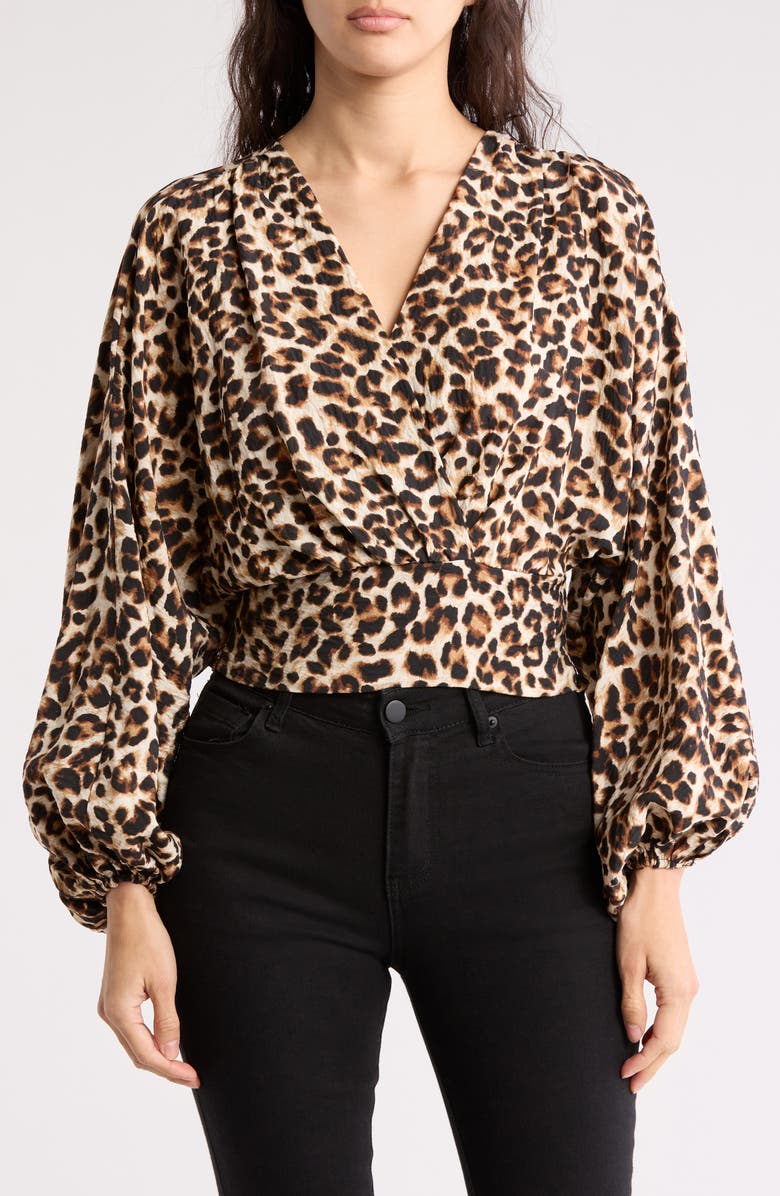 Renee C Leopard Smock Surplice Long Sleeve Top, Main, color, Chocolate