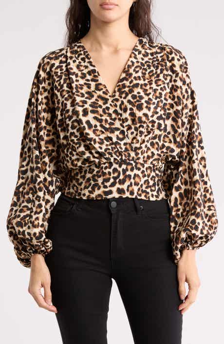 Renee C Leopard Smock Surplice Long Sleeve Top