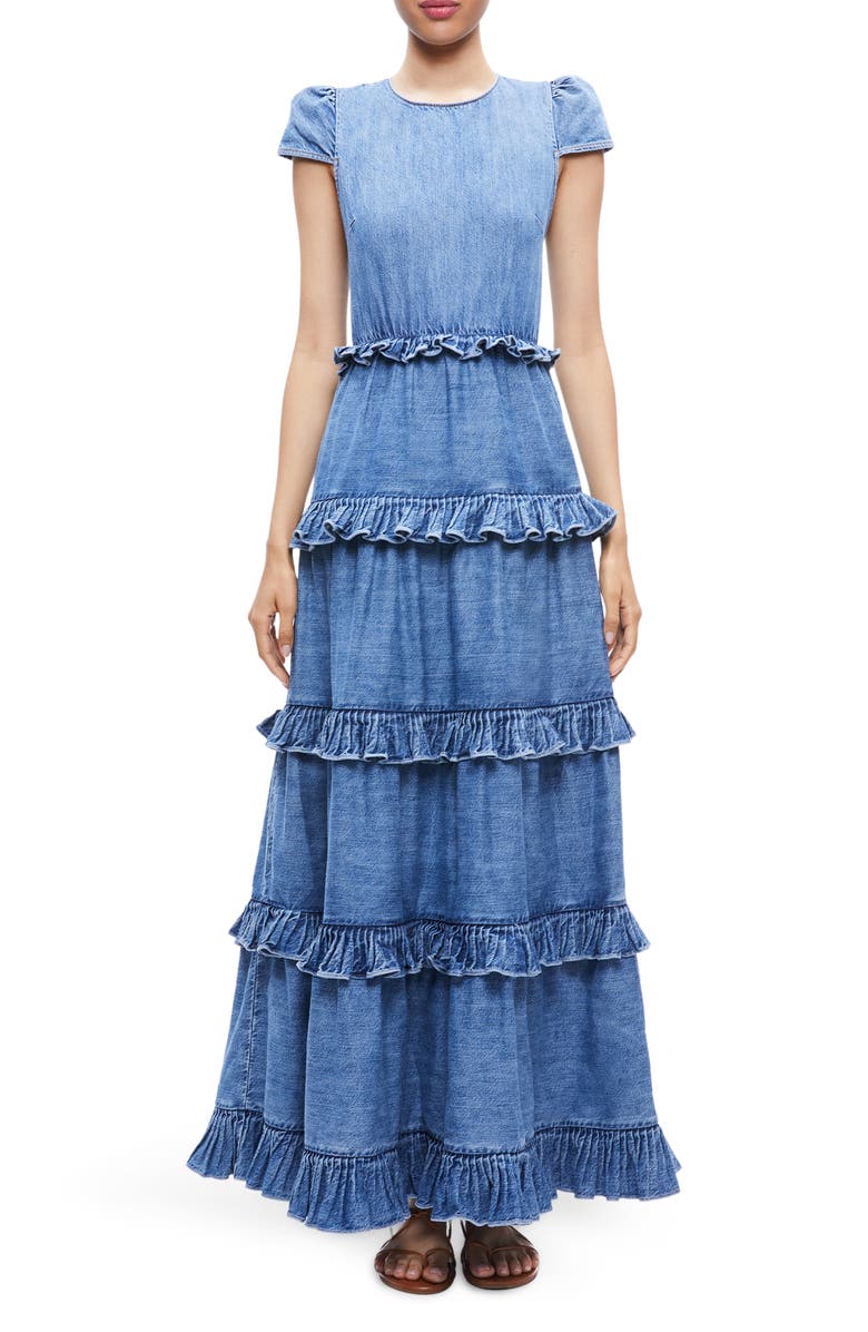 Alice + Olivia Cadby Cap Sleeve Tiered Denim Dress, Main, color,