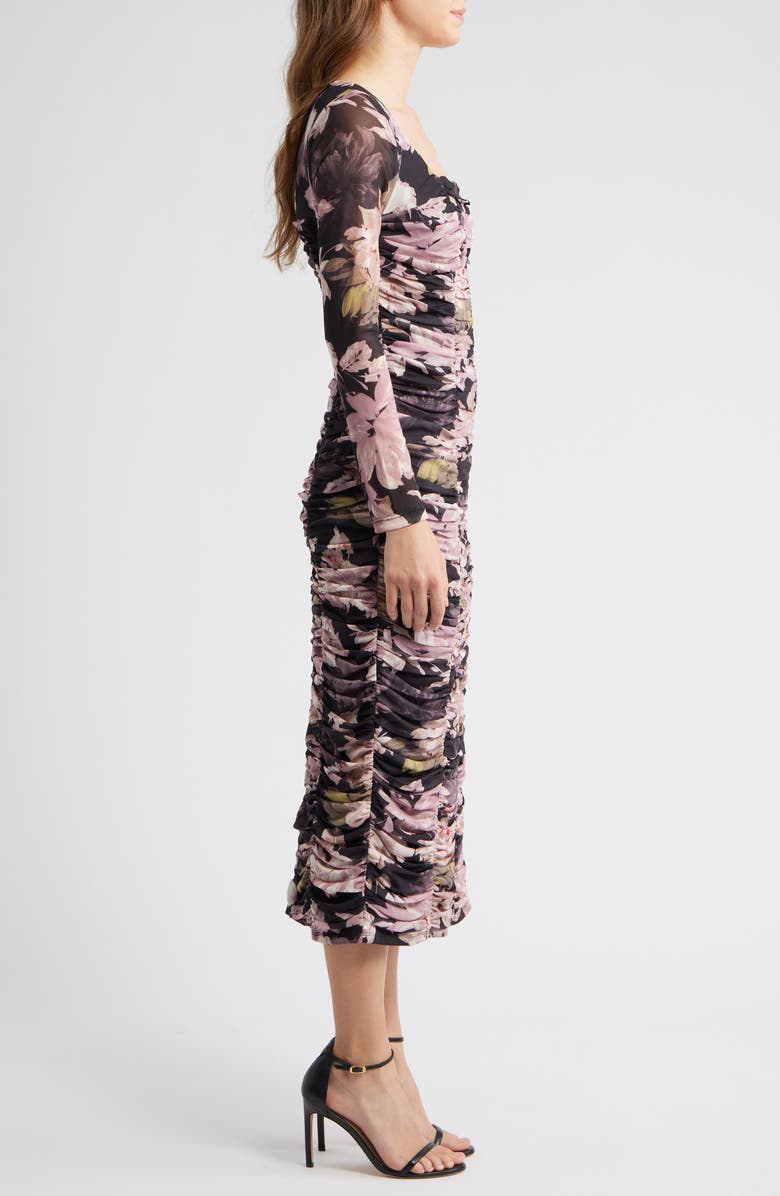 Anne Klein Floral Long Sleeve Ruched Midi Dress, Alternate, color, Anne Black Multi