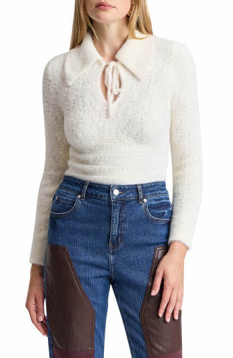 Mixed Pointelle Sweater with Fuzzy Collar