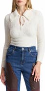 Avec Les Filles Mixed Pointelle Sweater with Fuzzy Collar