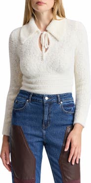 Avec Les Filles Mixed Pointelle Sweater with Fuzzy Collar