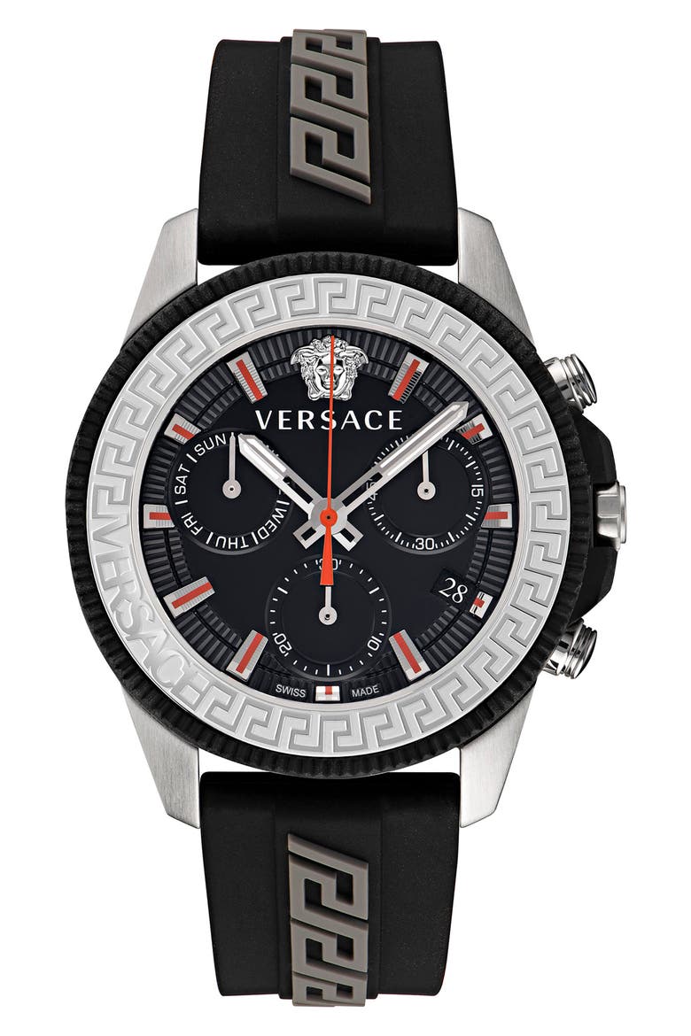 Greca Action Chronograph Silicone Strap Watch, 45mm, Main, color, IP STAINLESS STEEL/ BLACK