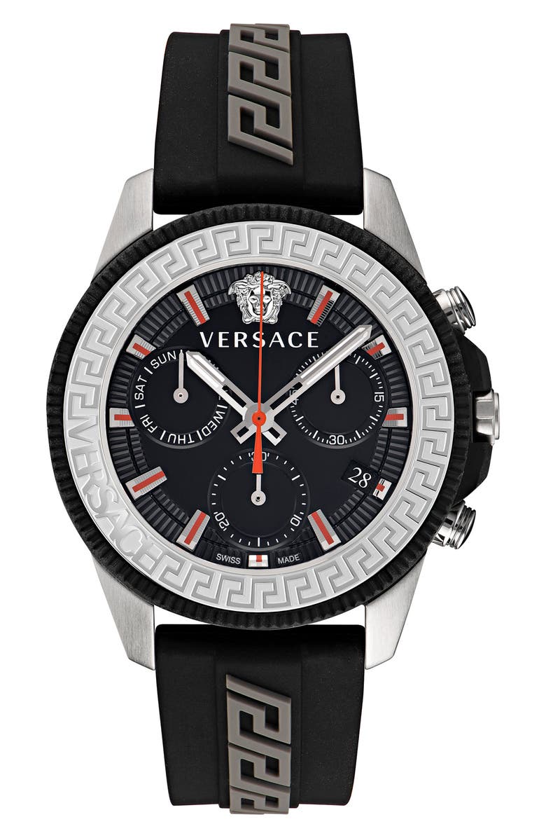 Versace Greca Action Chronograph Silicone Strap Watch, 45mm, Main, color,
