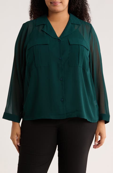 Long Sleeve Crop Utility Button-Up Shirt (Plus)