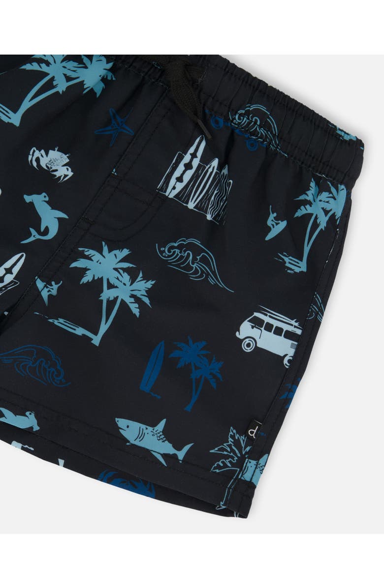 Deux par Deux Little Boy's Printed Swim Trunks Light Blue Beach On Black, Alternate, color, 