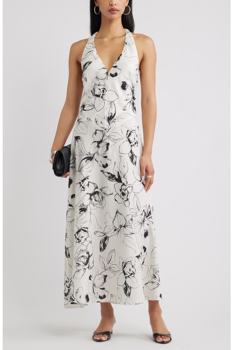 Halter Maxi Dress, Alternate, color, IVORY- BLACK FLOWERS