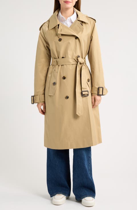 Water Resistant Double Breasted Trench Coat with Removable Hood