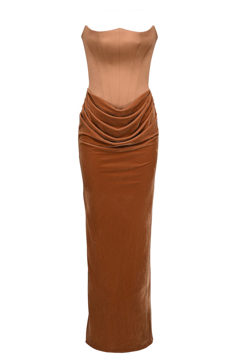 HOUSE OF CB Persephone Strapless Corset Satin & Velvet Gown, Alternate, color, Toffee
