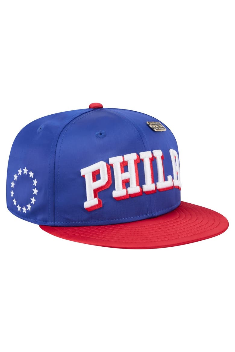 Men's New Era  Royal/Red Philadelphia 76ers Throwback Satin Vintage Pin Two-Tone 59FIFTY Fitted Hat, Main, color, Royal