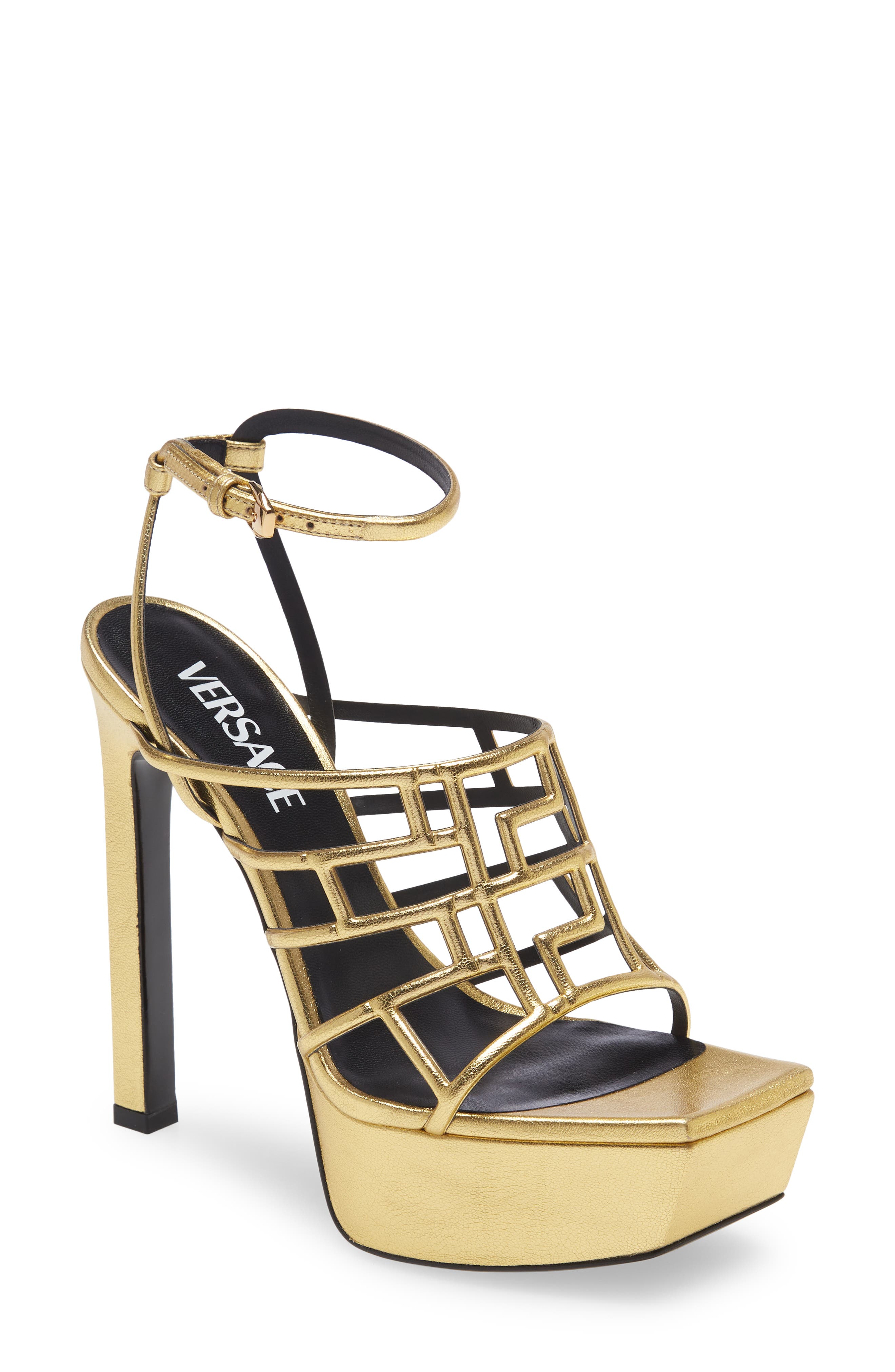 Versace Greek Key Cage Sandal, Main, color, 