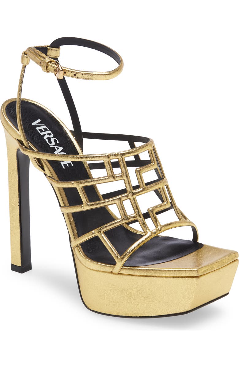 Versace Greek Key Cage Sandal, Main, color,