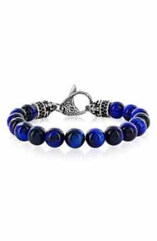 BLACKJACK Men's Stainless Steel Blue Tiger's Eye Beaded Bracelet