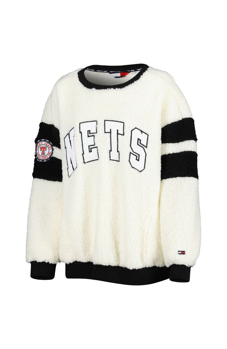 TOMMY JEANS Women's Tommy Jeans Oatmeal/Black Brooklyn Nets Mindy Sherpa Pullover Sweatshirt, Alternate, color, Oatmeal