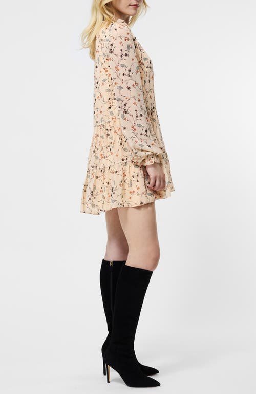 French Connection Marina Floral Long Sleeve Chiffon Tiered Minidress In Neutral