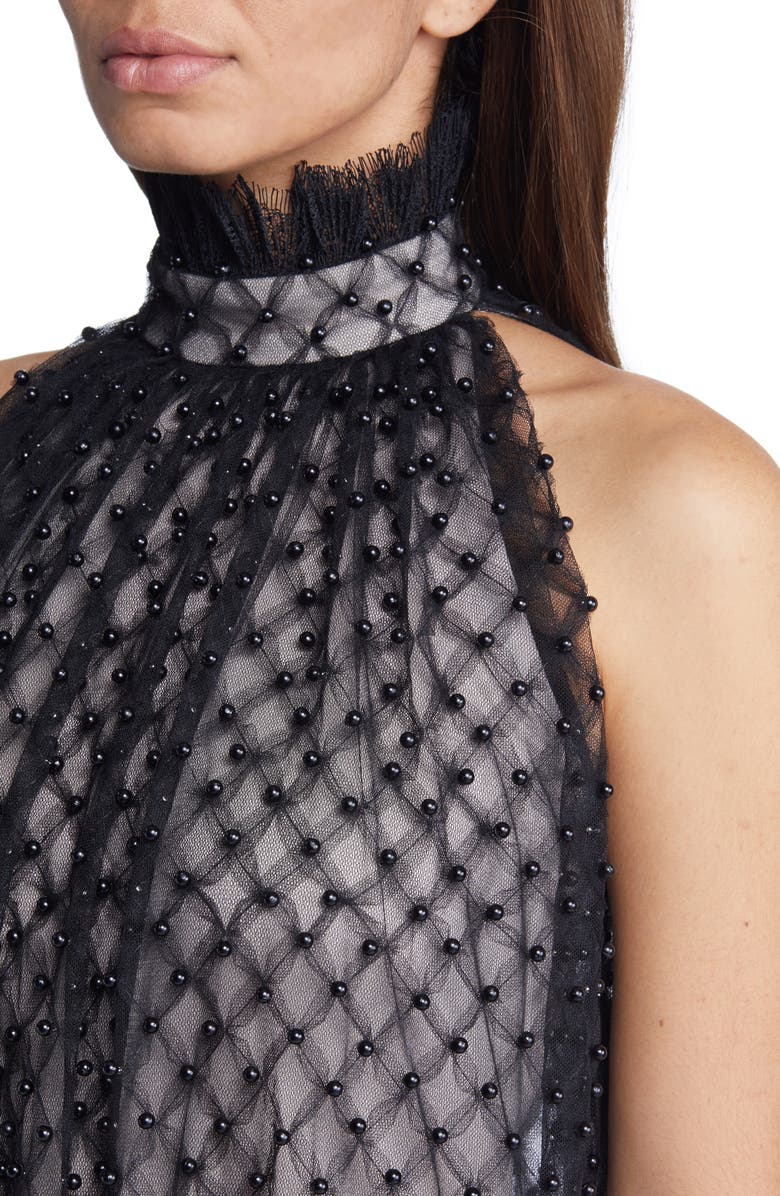 Tadashi Shoji Black Imitation Pearl Lace Trapeze Dress, Alternate, color, 