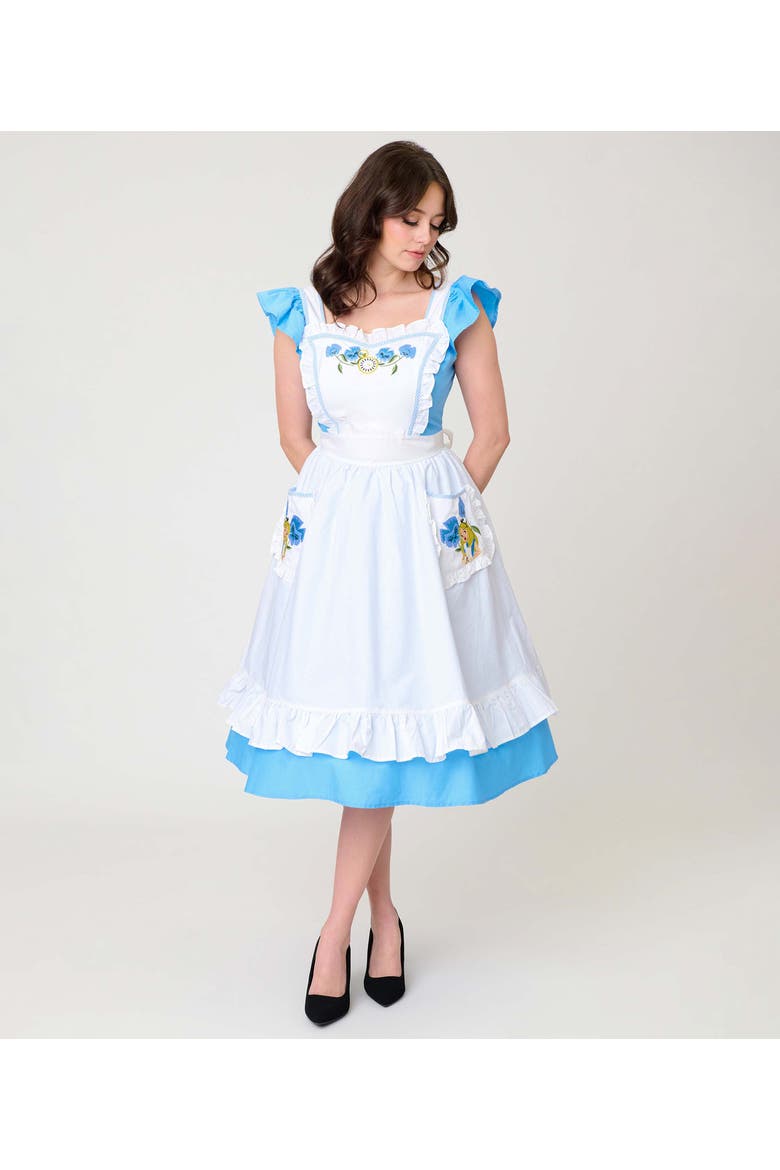1950s Ruffled Apron Swing Dress, Main, color, Blue & White Alice Print