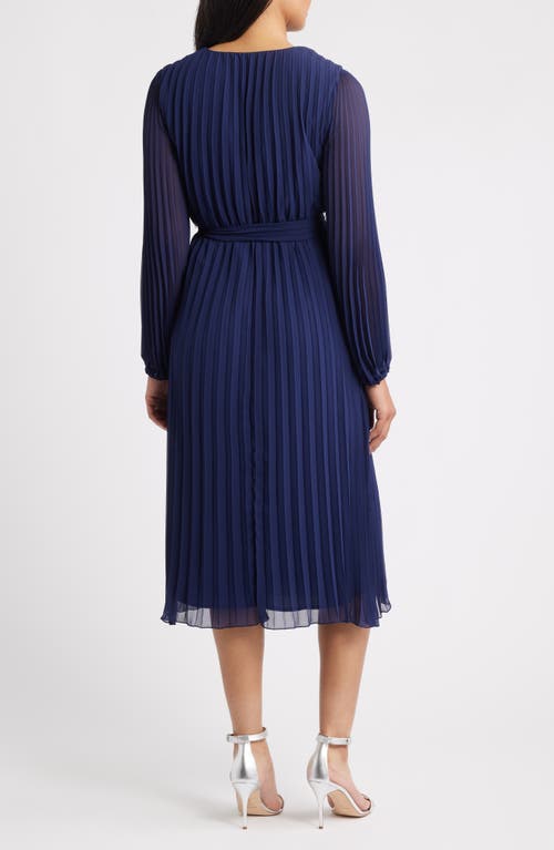 Sam Edelman Pleated Long Sleeve Chiffon Midi Dress In Blue