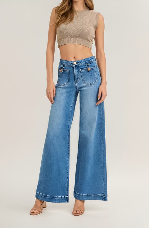 High Waist Wide-Leg Jeans with Buttoned Patch Pockets and Rolled Hem