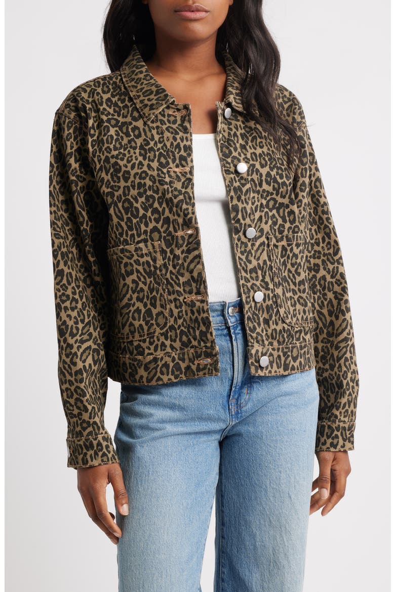 Leopard Print Denim Trucker Jacket, Main, color, LEOPARD