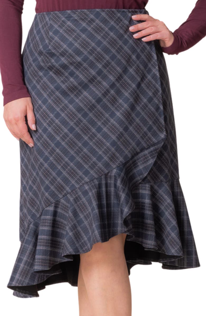 Kiyonna Carina Flounce Faux Wrap Skirt, Alternate, color, Inkwell Plaid