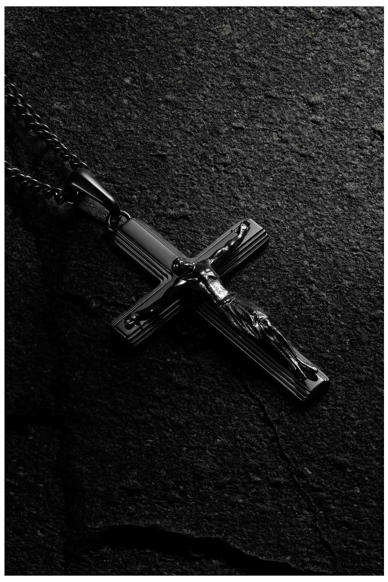 Men's Crucifix Pendant Necklace, Alternate, color, BLACK