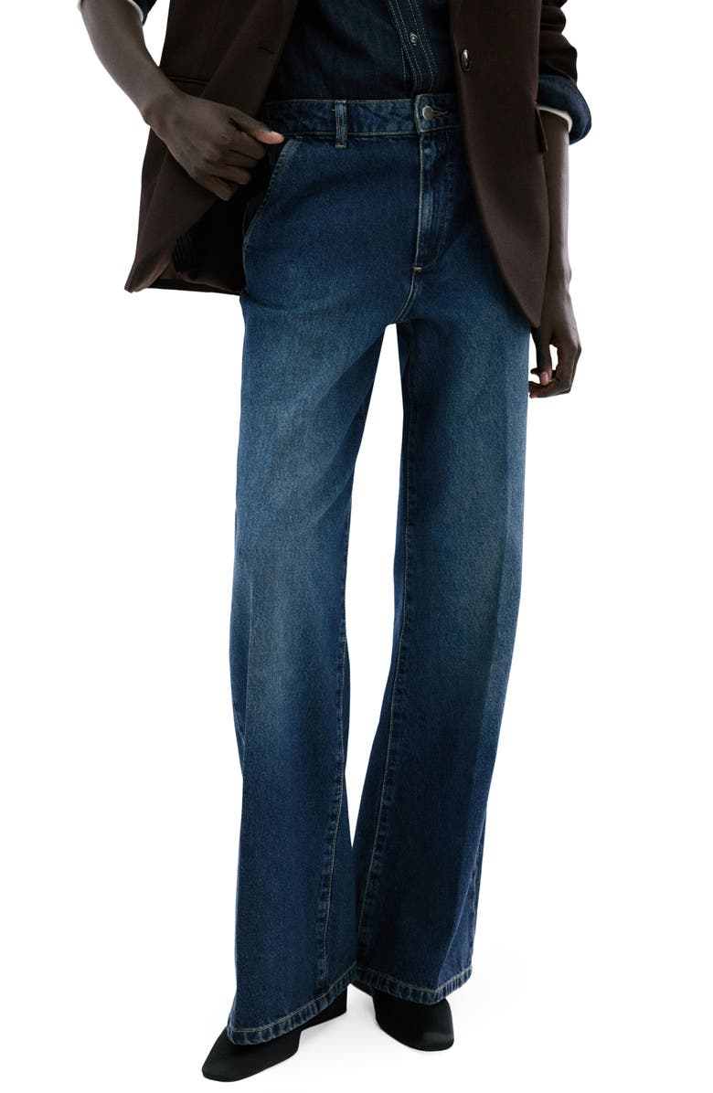 MANGO Slant Pocket Mid Rise Wide Leg Jeans, Main, color, Dark Blue