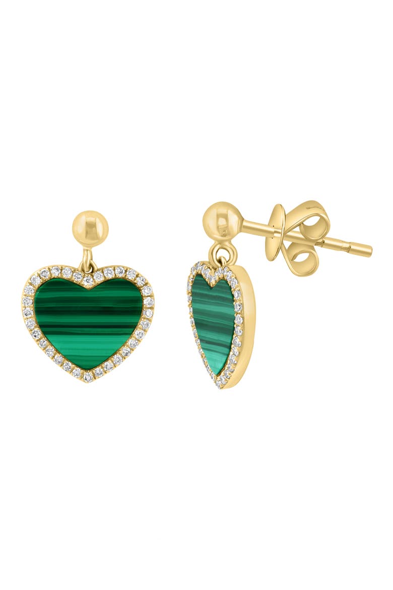 14K Yellow Gold, Malachite & Diamond Heart Earrings - 0.19 ctw, Alternate, color, GREEN