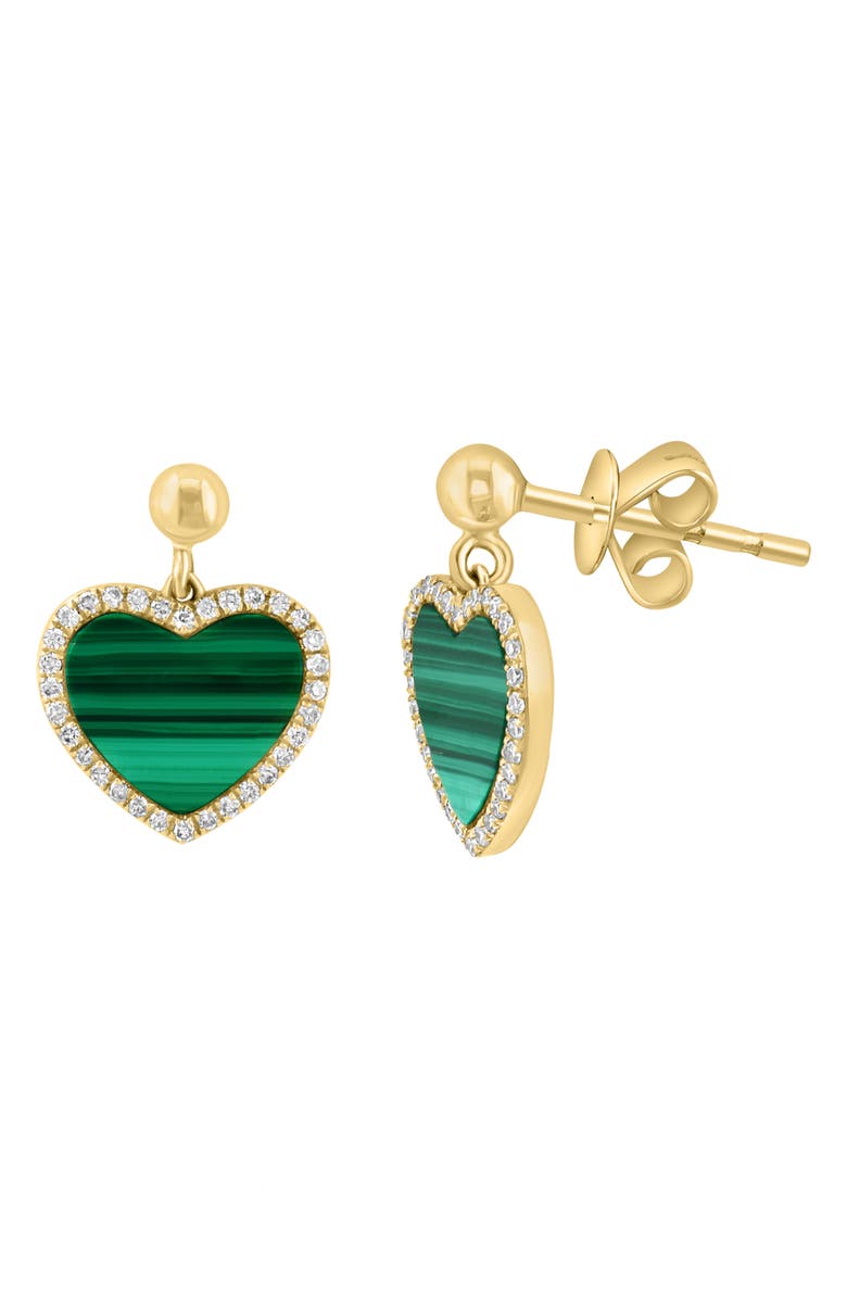 EFFY 14K Yellow Gold, Malachite & Diamond Heart Earrings - 0.19 ctw, Alternate, color, Green