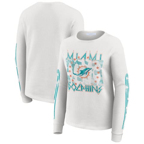 Women's WEAR by Erin Andrews  White Miami Dolphins Graphic Waffle Long-Sleeve T-Shirt