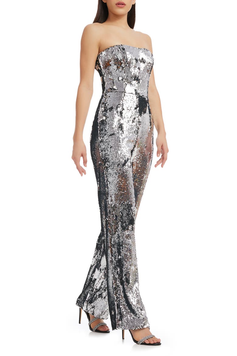 Andy Sequin Strapless Jumpsuit, Alternate, color, SILVER