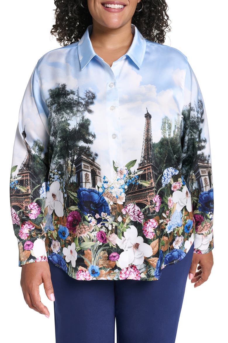 Paris Scene Button-Up Blouse, Main, color, STEEL BLUE MULTI