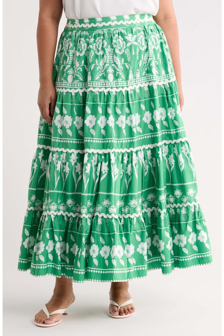 Wave Trimmed Print Maxi Skirt, Main, color, GREEN-WHITE