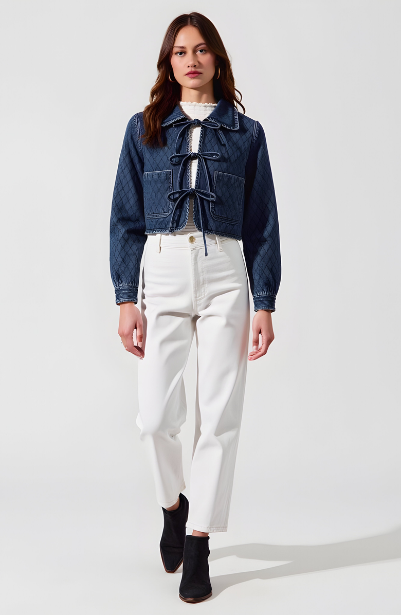 Modenaire Quilted Cropped Denim Jacket with Front Tie Closure and Patch Pockets, Alternate, color,