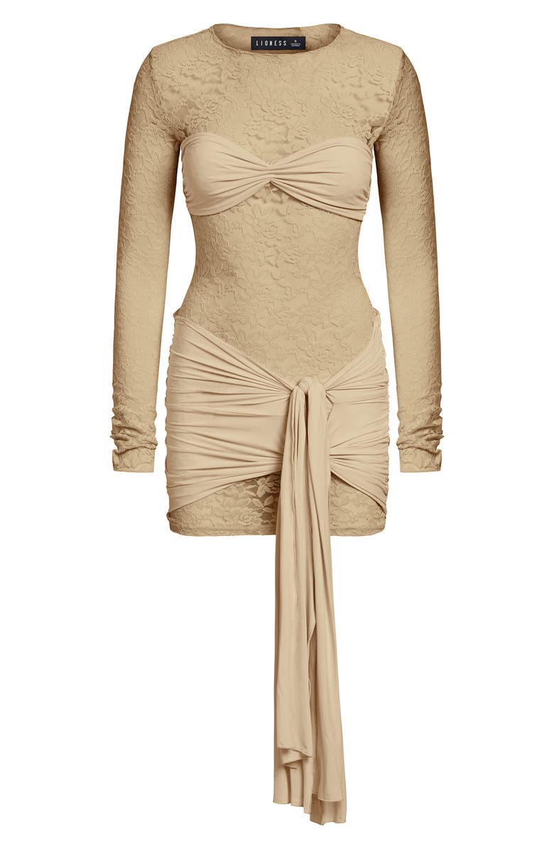 LIONESS Midnight Long Sleeve Semisheer Lace Minidress, Alternate, color, Almond