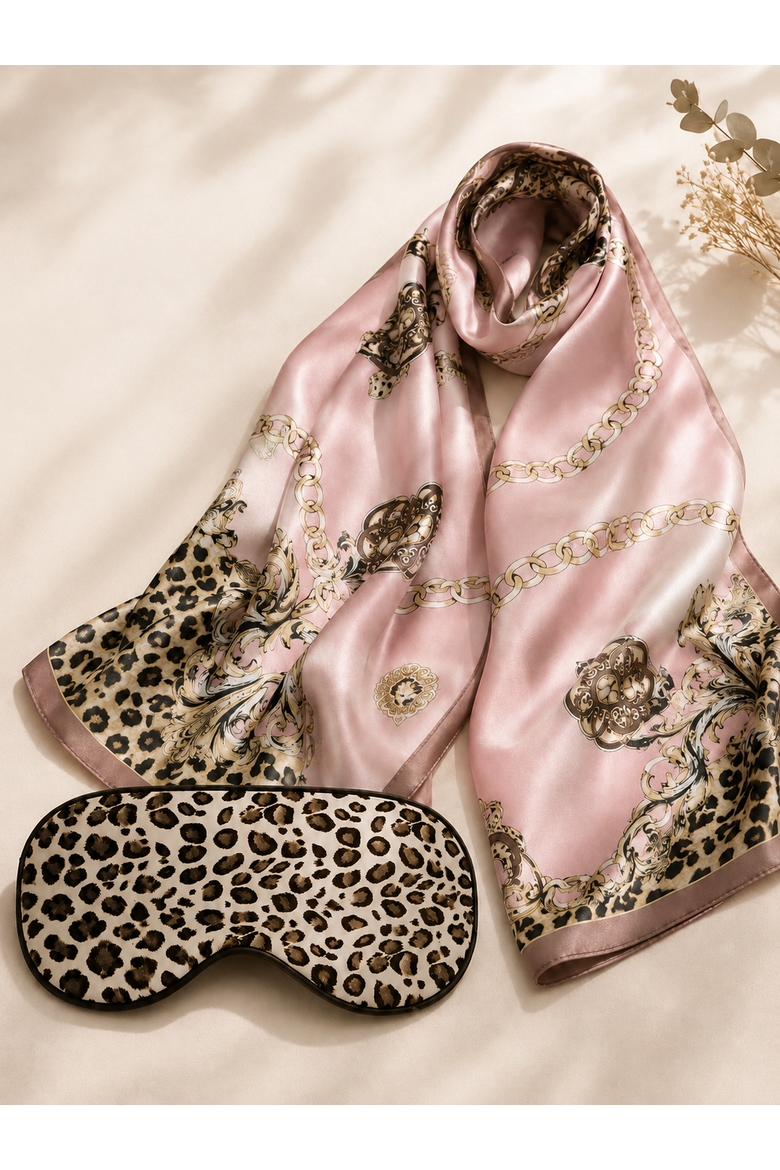 Leopard Silk Scarf & Eye Mask Gift Set, Main, color, Leopard