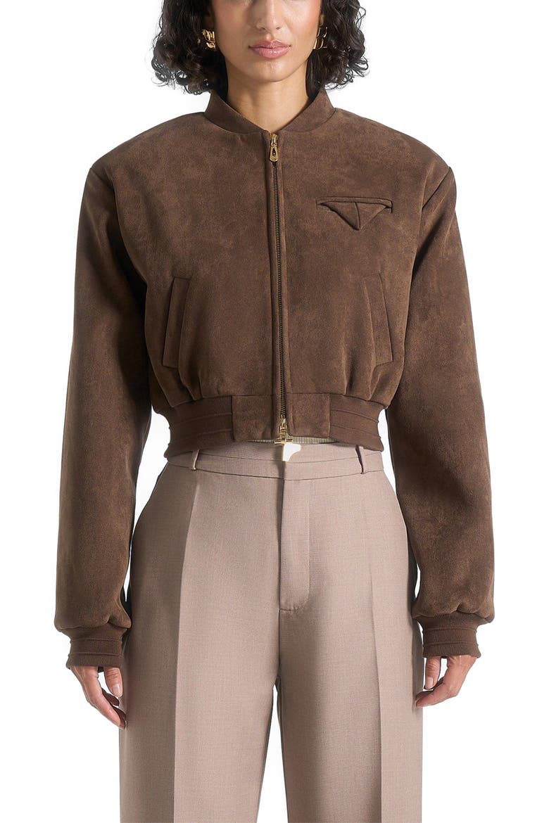 Monique Suede Wide Shoulder Bomber Jacket, Alternate, color, Brown