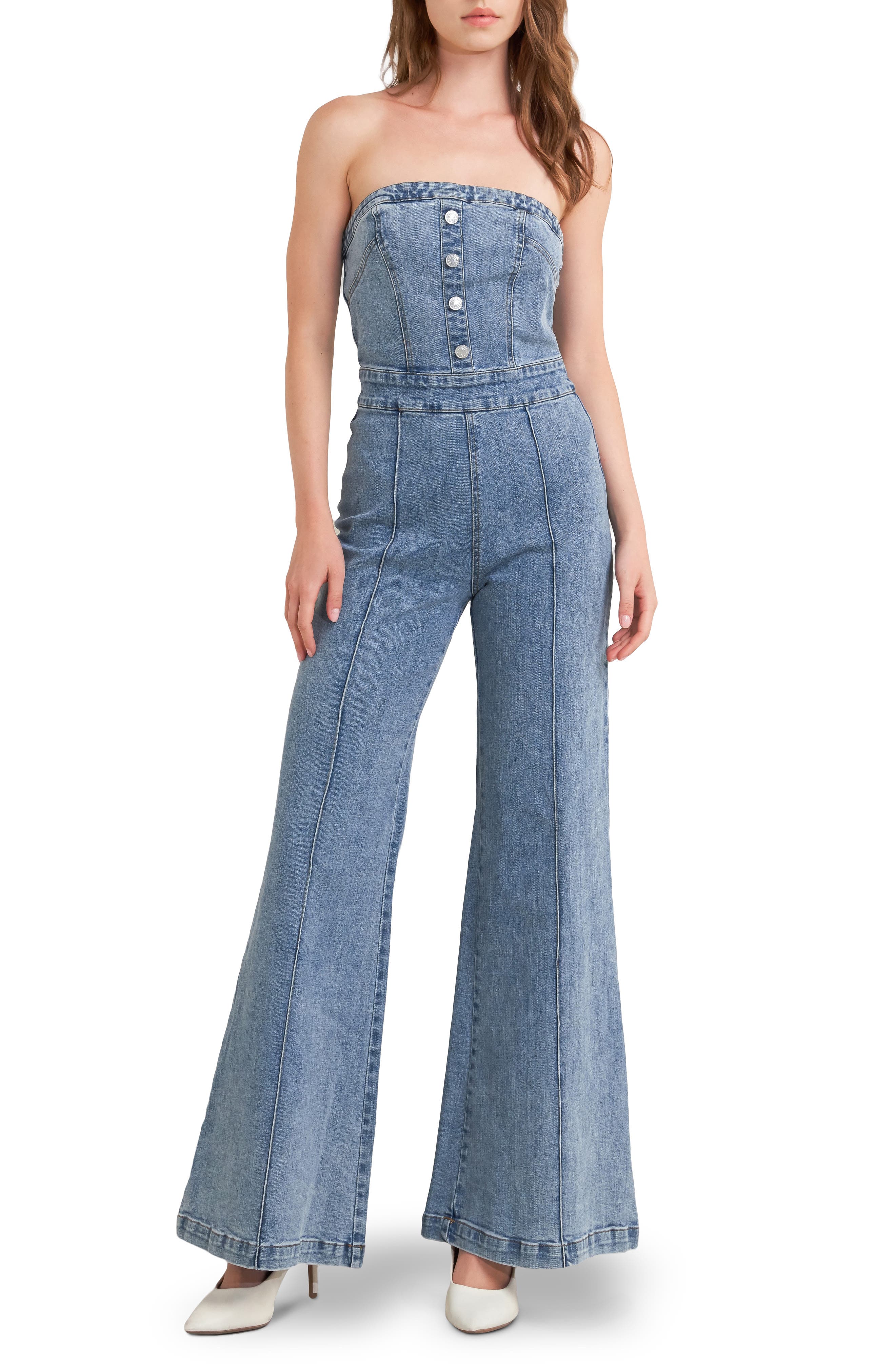 Strapless Flare Leg Denim Jumpsuit