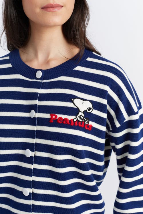 Chinti & Parker Snoopy Breton Milano Embroidered Merino Wool Cardigan In Admiral Blue/cream