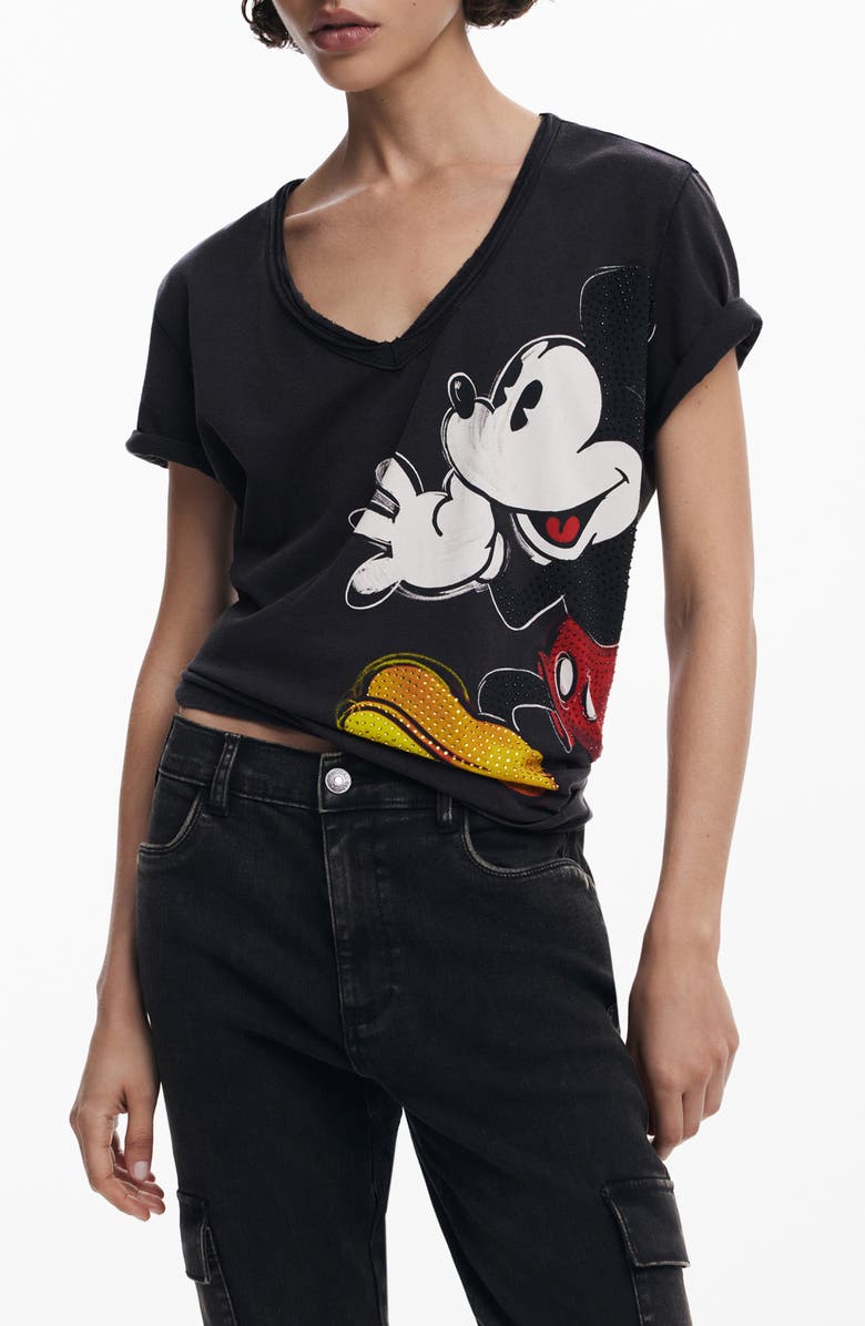 Desigual Mickey Mouse Embellished V-Neck T-Shirt, Main, color, 