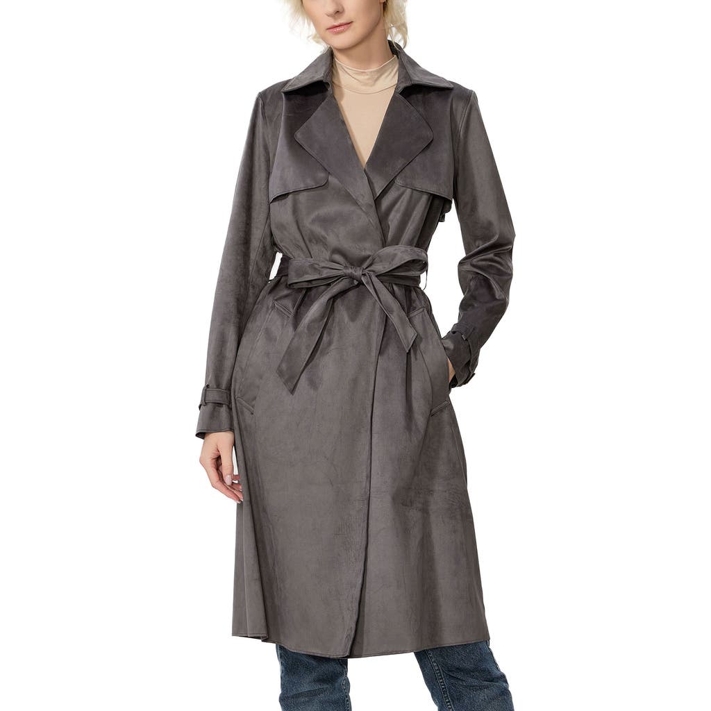 Kimi & Kai Aria Long Faux Suede Trench Coat In Gray