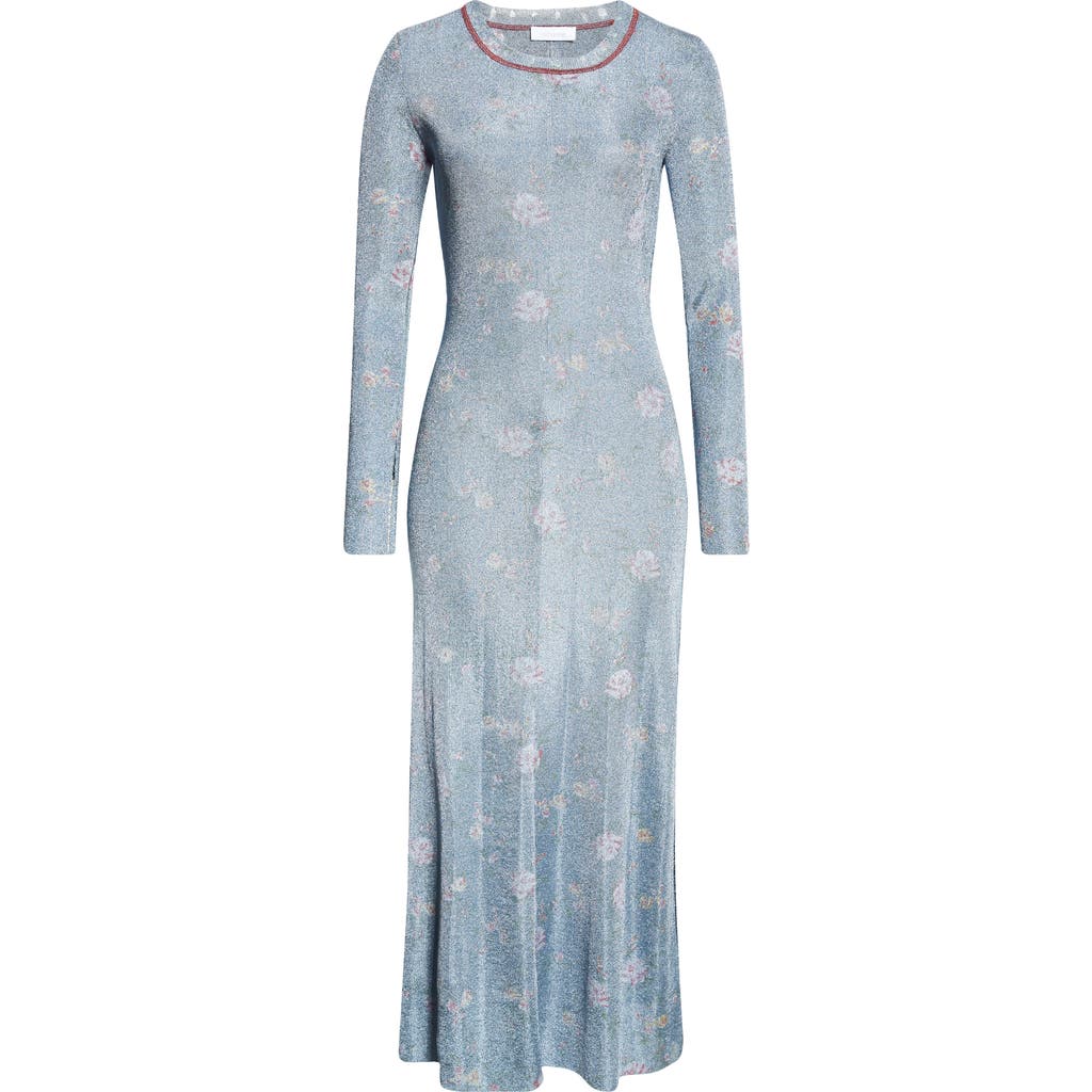 RABANNE RABANNE FLORAL PRINT LONG SLEEVE METALLIC KNIT DRESS