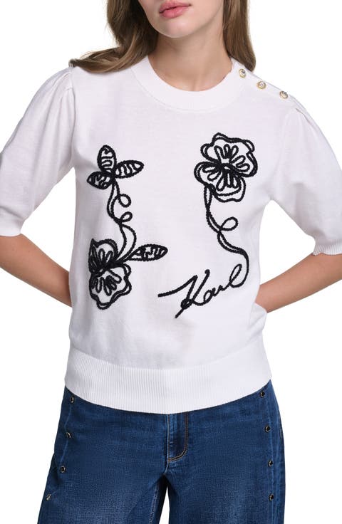 Floral Stitch Short Sleeve Cotton Blend Sweater