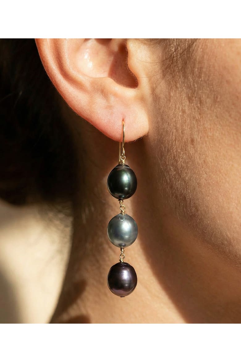 7-8mm 14K Gold Tahitian South Sea Drop Multicolor Pearl Tincup Earrings, Alternate, color, Yellow Gold